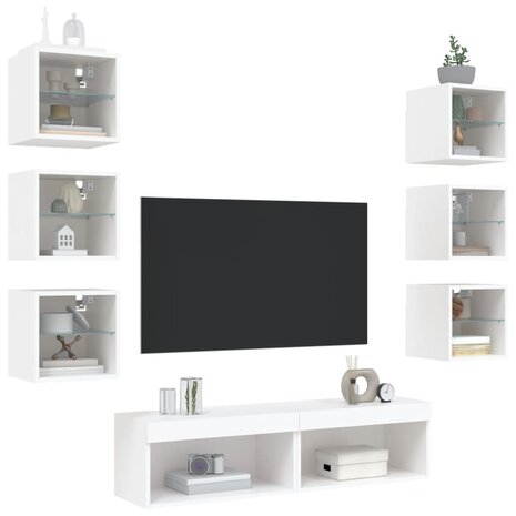 8-delige Tv-wandmeubelset met LED-verlichting bewerkt hout wit 4