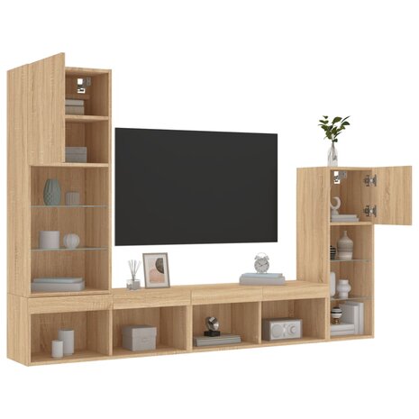 4-delige Tv-wandmeubelset met LED bewerkt hout sonoma eiken 1