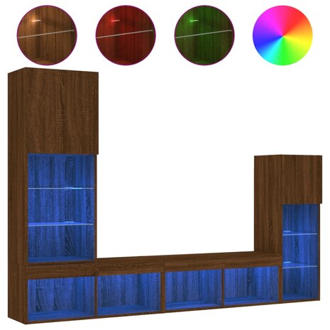 4-delige Tv-wandmeubelset met LED bewerkt hout bruineikenkleur 2