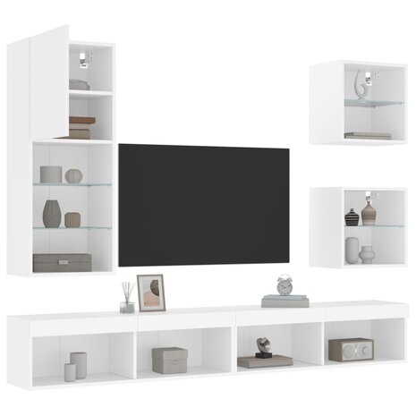 5-delige Tv-wandmeubelset met LED-verlichting bewerkt hout wit 1