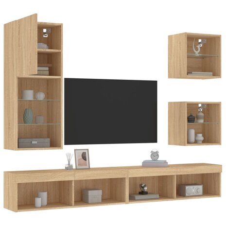 5-delige Tv-wandmeubelset met LED bewerkt hout sonoma eiken 1