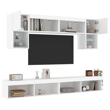 6-delige Tv-wandmeubelset met LED-verlichting bewerkt hout wit 1