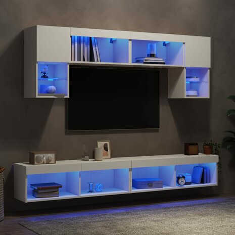 6-delige Tv-wandmeubelset met LED-verlichting bewerkt hout wit 4