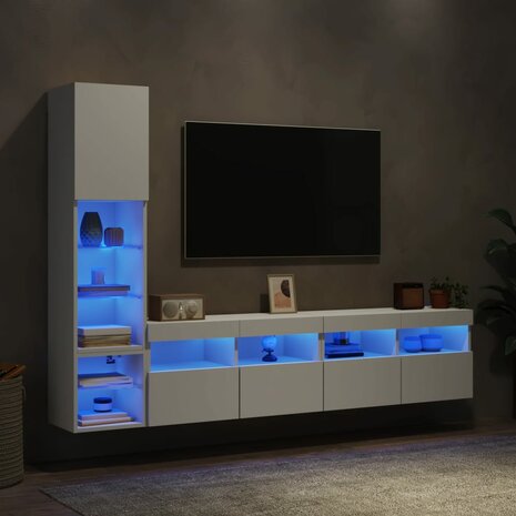 4-delige Tv-wandmeubelset met LED-verlichting bewerkt hout wit 4