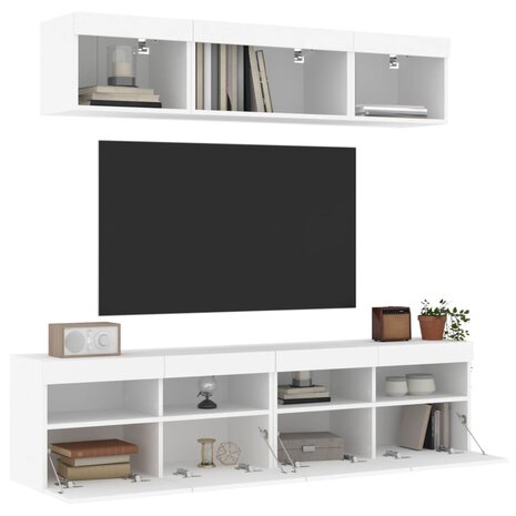 5-delige Tv-wandmeubelset met LED-verlichting bewerkt hout wit 1