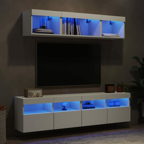 5-delige Tv-wandmeubelset met LED-verlichting bewerkt hout wit 4