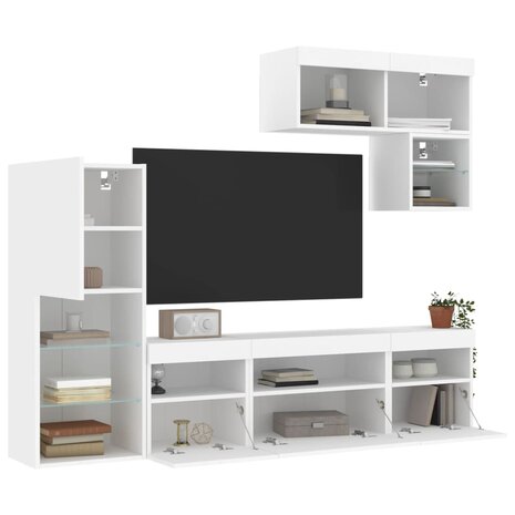 6-delige Tv-wandmeubelset met LED-verlichting bewerkt hout wit 1