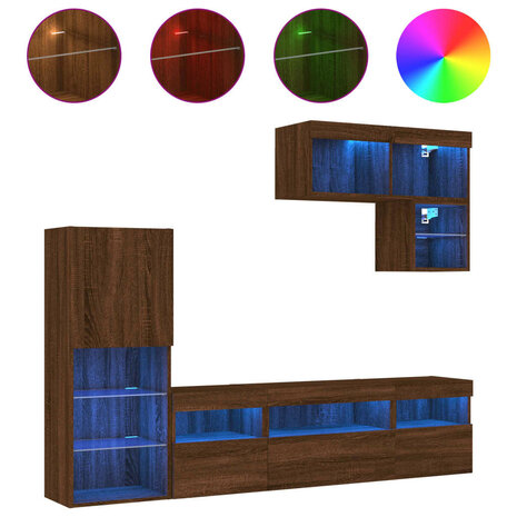 6-delige Tv-wandmeubelset met LED bewerkt hout bruineikenkleur 2