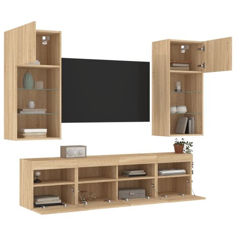 5-delige Tv-wandmeubelset met LED bewerkt hout sonoma eiken 1