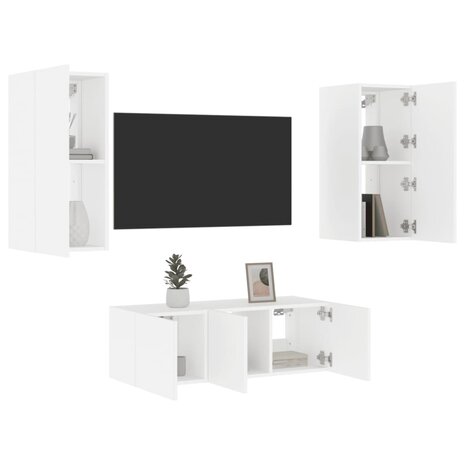 4-delige Tv-wandmeubelset met LED-verlichting bewerkt hout wit 1