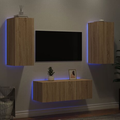 4-delige Tv-wandmeubelset met LED bewerkt hout sonoma eiken 4