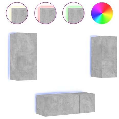 4-delige Tv-wandmeubelset met LED bewerkt hout betongrijs 2