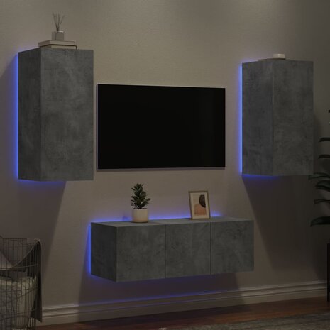 4-delige Tv-wandmeubelset met LED bewerkt hout betongrijs 4