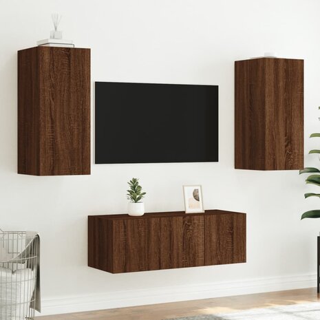 4-delige Tv-wandmeubelset met LED bewerkt hout bruineikenkleur 5