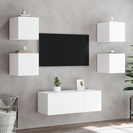 6-delige Tv-wandmeubelset met LED-verlichting bewerkt hout wit 5