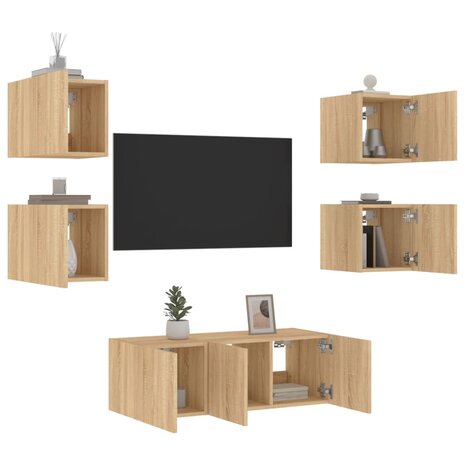 6-delige Tv-wandmeubelset met LED bewerkt hout sonoma eiken 1