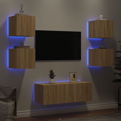 6-delige Tv-wandmeubelset met LED bewerkt hout sonoma eiken 4