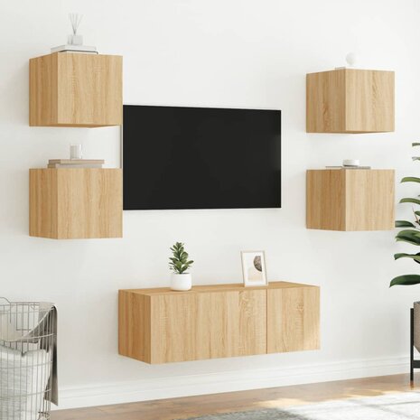 6-delige Tv-wandmeubelset met LED bewerkt hout sonoma eiken 5