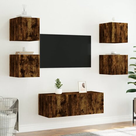 6-delige tv-wandmeubelset met LED bewerkt hout gerookt eiken 5