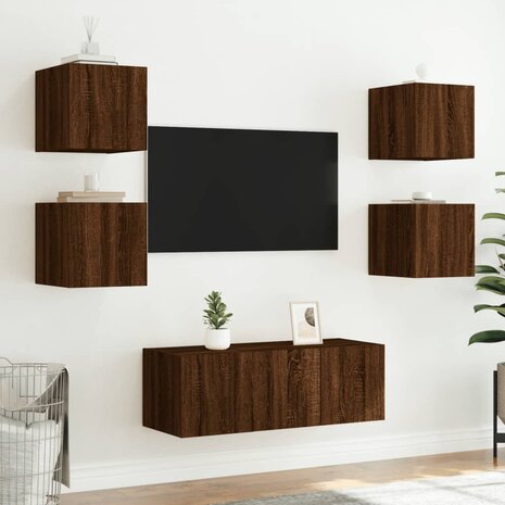 6-delige Tv-wandmeubelset met LED bewerkt hout bruineikenkleur 5