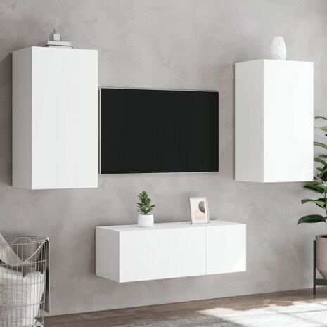 4-delige Tv-wandmeubelset met LED-verlichting bewerkt hout wit 5