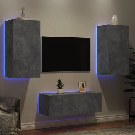 4-delige Tv-wandmeubelset met LED bewerkt hout betongrijs 4