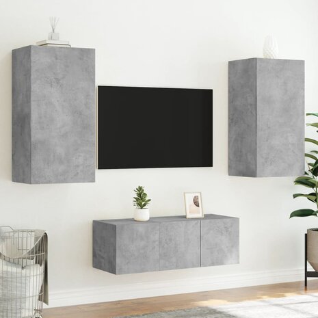 4-delige Tv-wandmeubelset met LED bewerkt hout betongrijs 5