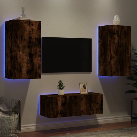 8-delige tv-wandmeubelset met LED bewerkt hout gerookt eiken 4