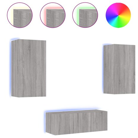 4-delige Tv-wandmeubelset met LED bewerkt hout grijs sonoma 2