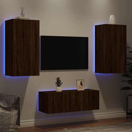 4-delige Tv-wandmeubelset met LED bewerkt hout bruineikenkleur 4