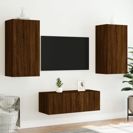 4-delige Tv-wandmeubelset met LED bewerkt hout bruineikenkleur 5