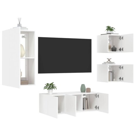 5-delige Tv-wandmeubelset met LED-verlichting bewerkt hout wit 1