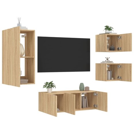 5-delige Tv-wandmeubelset met LED bewerkt hout sonoma eiken 1