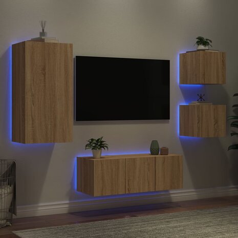 5-delige Tv-wandmeubelset met LED bewerkt hout sonoma eiken 4