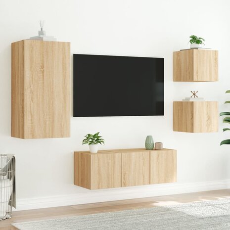 5-delige Tv-wandmeubelset met LED bewerkt hout sonoma eiken 5