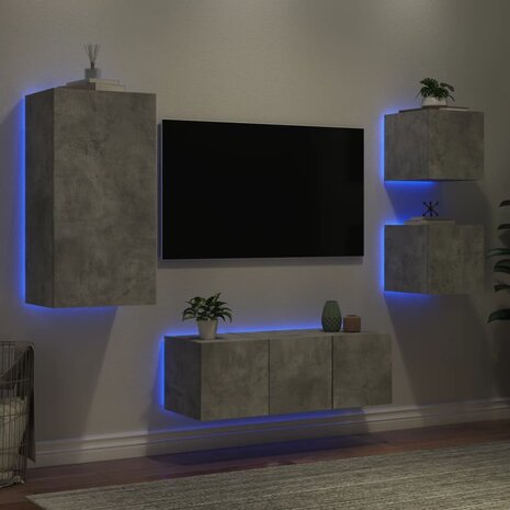 5-delige Tv-wandmeubelset met LED bewerkt hout betongrijs 4