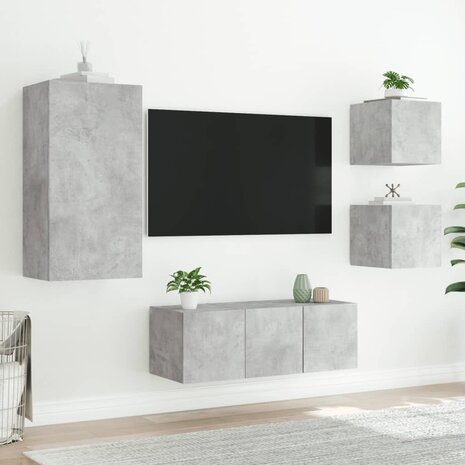 5-delige Tv-wandmeubelset met LED bewerkt hout betongrijs 5