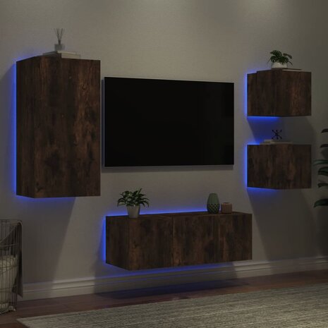 5-delige tv-wandmeubelset met LED bewerkt hout gerookt eiken 4