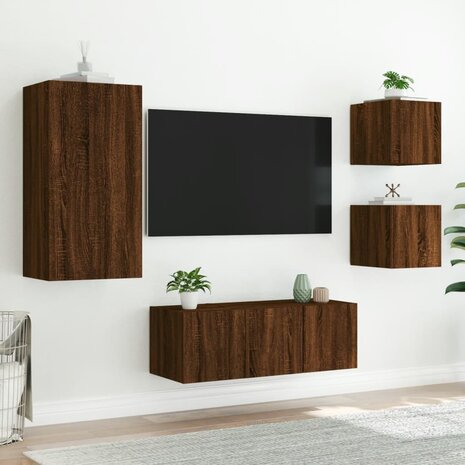 5-delige Tv-wandmeubelset met LED bewerkt hout bruineikenkleur 5