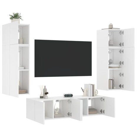 6-delige Tv-wandmeubelset met LED-verlichting bewerkt hout wit 1