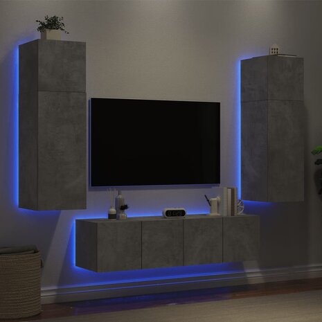 6-delige Tv-wandmeubelset met LED bewerkt hout betongrijs 4