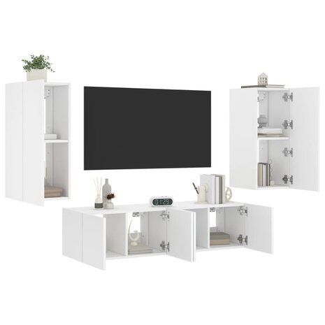 4-delige Tv-wandmeubelset met LED-verlichting bewerkt hout wit 1