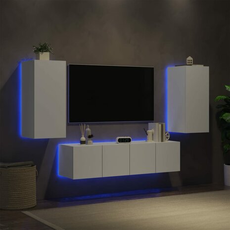 4-delige Tv-wandmeubelset met LED-verlichting bewerkt hout wit 4