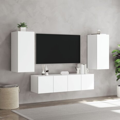 4-delige Tv-wandmeubelset met LED-verlichting bewerkt hout wit 5