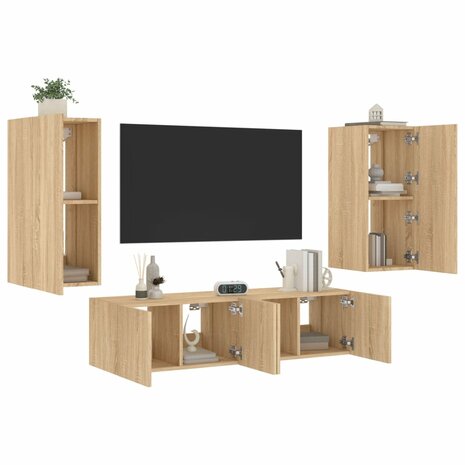 4-delige Tv-wandmeubelset met LED bewerkt hout sonoma eiken 1