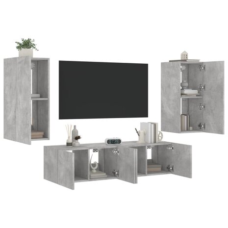 4-delige Tv-wandmeubelset met LED bewerkt hout betongrijs 1