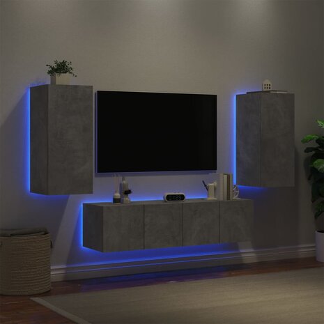 4-delige Tv-wandmeubelset met LED bewerkt hout betongrijs 4