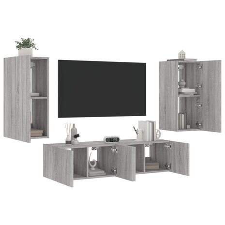 4-delige Tv-wandmeubelset met LED bewerkt hout grijs sonoma 1