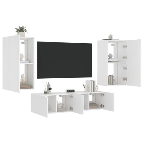 4-delige Tv-wandmeubelset met LED-verlichting bewerkt hout wit 1