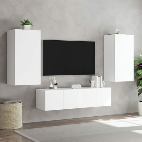 4-delige Tv-wandmeubelset met LED-verlichting bewerkt hout wit 5